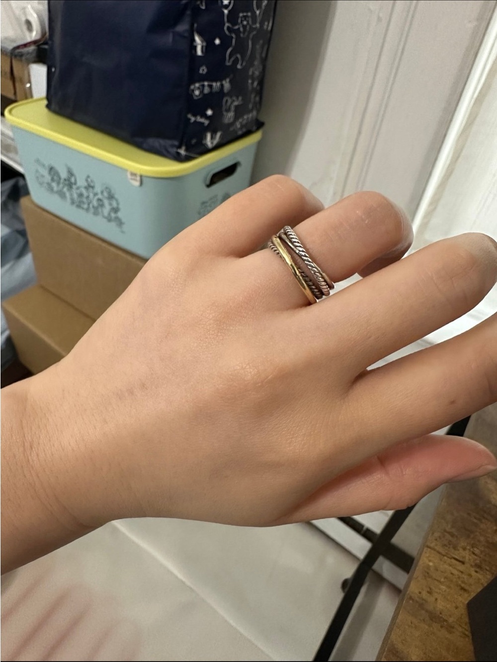 David Yurman Two-Tone Cable Crossover Band Ring - Silver and 18k Gold - Picture 5 of 6